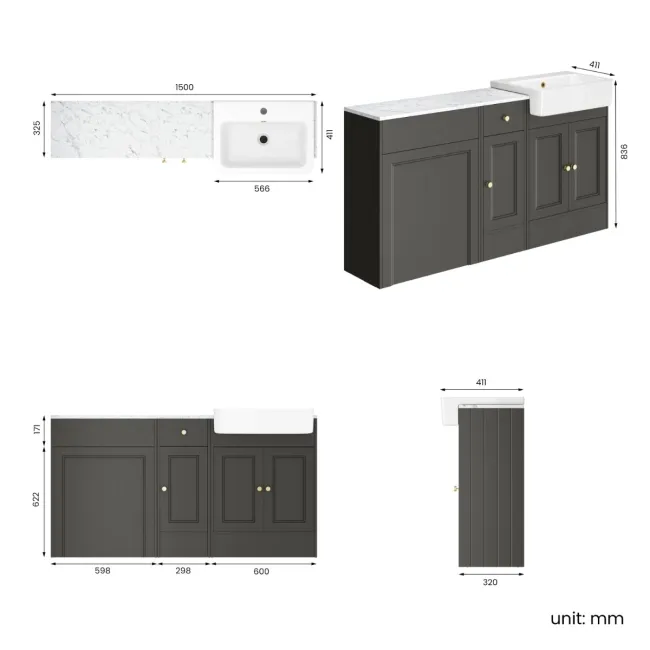 Monaco Graphite Grey Combination Vanity Basin with Marble Top 1500mm (Excludes Pan & Cistern) - Brushed Brass Accents