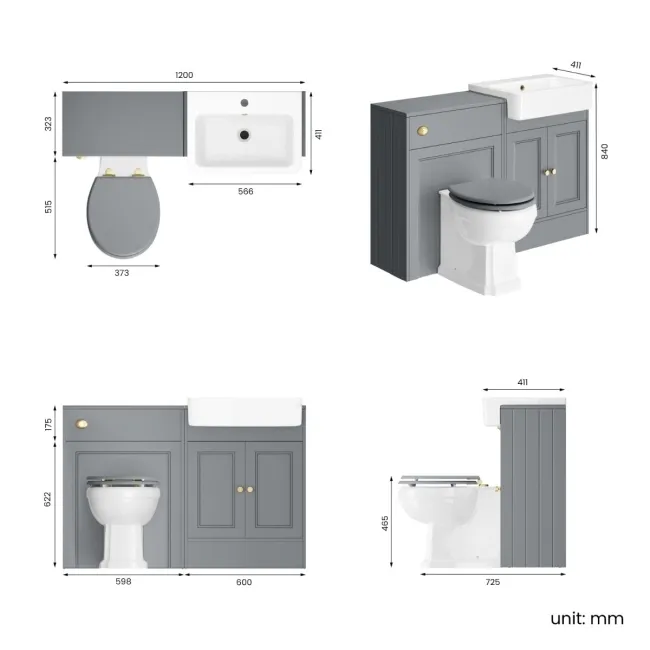 Monaco Dove Grey Combination Vanity Basin and Hudson Toilet with Wooden Seat 1200mm - Brushed Brass Accents