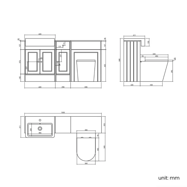 Monaco Dove Grey Combination Vanity Basin and Boston Toilet 1500mm - Brushed Brass Accents