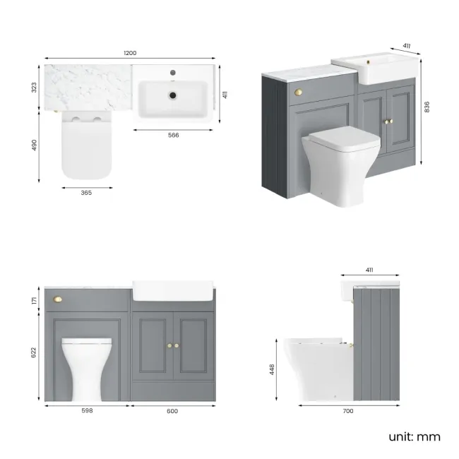 Monaco Dove Grey Combination Vanity Basin with Marble Top & Atlanta Toilet 1200mm - Brushed Brass Accents