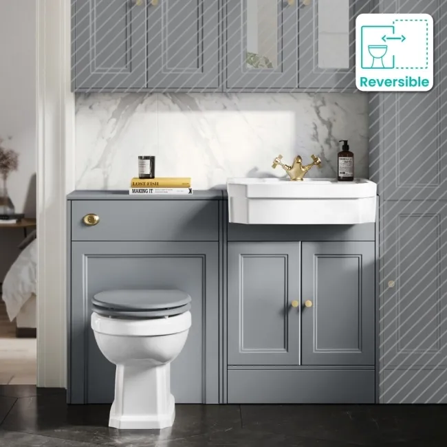 Monaco Dove Grey Combination Vanity Traditional Basin and Hudson Toilet with Wooden Seat 1200mm - Brushed Brass Accents
