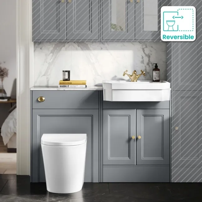 Monaco Dove Grey Combination Vanity Traditional Basin with Marble Top & Boston Toilet 1200mm - Brushed Brass Accents