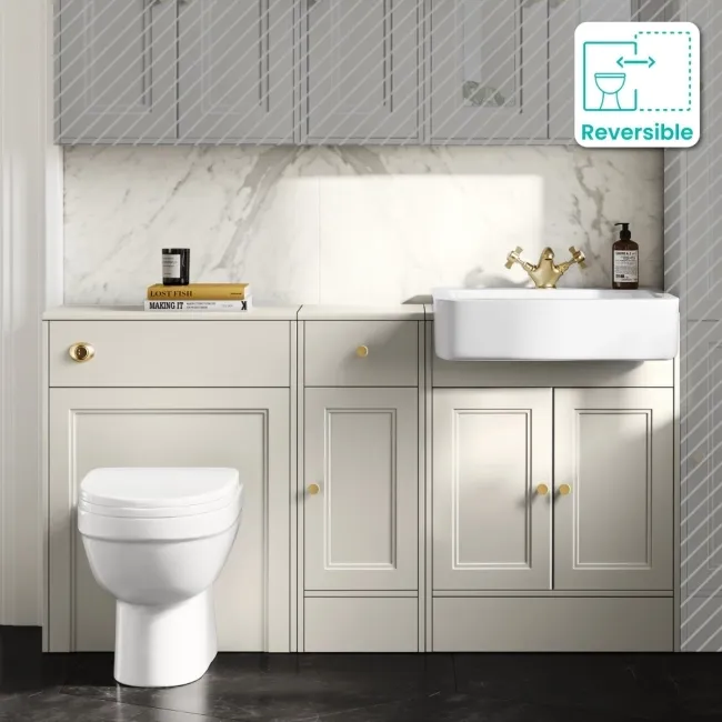 Monaco Chalk White Combination Vanity Basin and Seattle Toilet 1500mm - Brushed Brass Accents