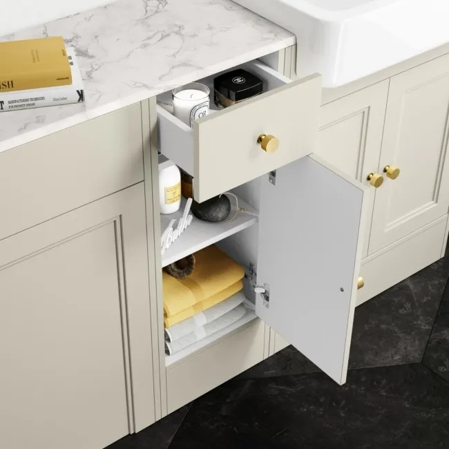 Monaco Chalk White Combination Vanity Basin with Marble Top and Seattle Toilet 1500mm - Brushed Brass Accents