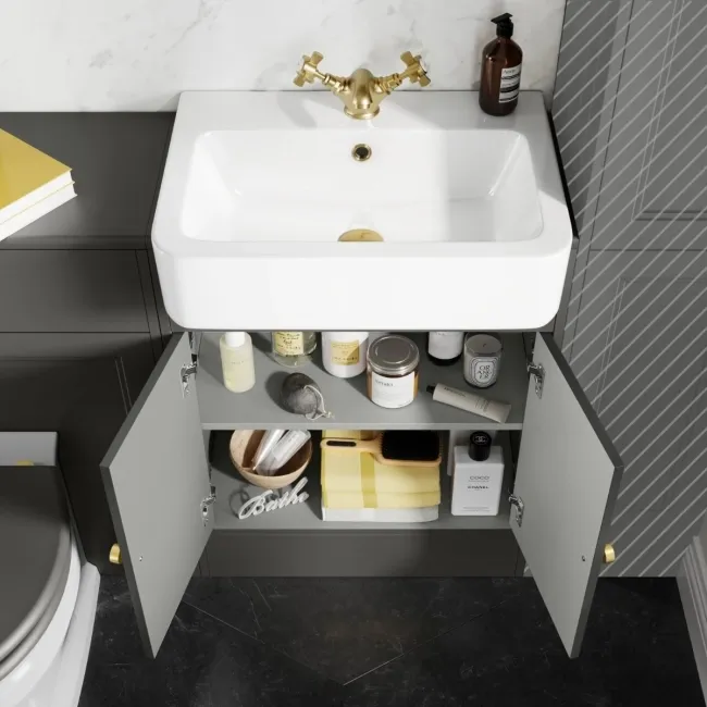 Monaco Graphite Grey Combination Vanity Basin and Hudson Toilet with Wooden Seat 1200mm - Brushed Brass Accents