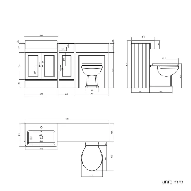 Monaco Graphite Grey Combination Vanity Basin with Marble Top and Hudson Toilet with Wooden Seat 1500mm - Brushed Brass Accents
