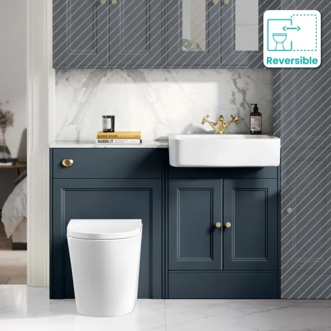 Monaco Inky Blue Combination Vanity Basin with Marble Top & Boston Toilet 1200mm - Brushed Brass Accents