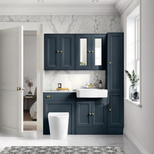 Monaco Inky Blue Combination Vanity Basin with Marble Top & Boston Toilet 1200mm - Brushed Brass Accents