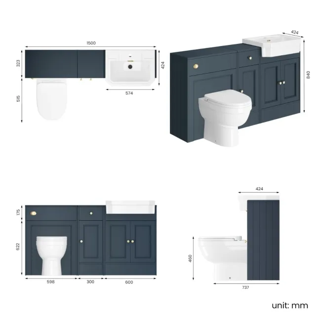 Monaco Inky Blue Combination Vanity Traditional Basin and Seattle Toilet 1500mm - Brushed Brass Accents