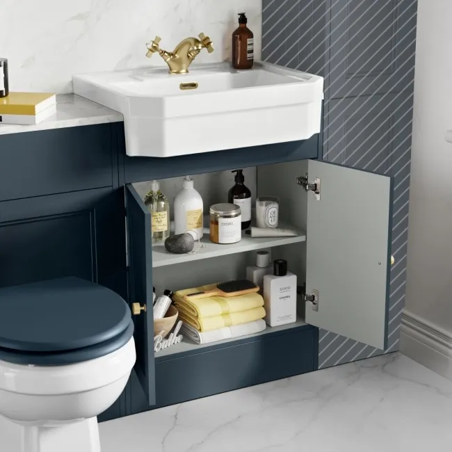 Monaco Inky Blue Combination Vanity Traditional Basin with Marble Top & Hudson Toilet with Wooden Seat 1200mm - Brushed Brass Accents