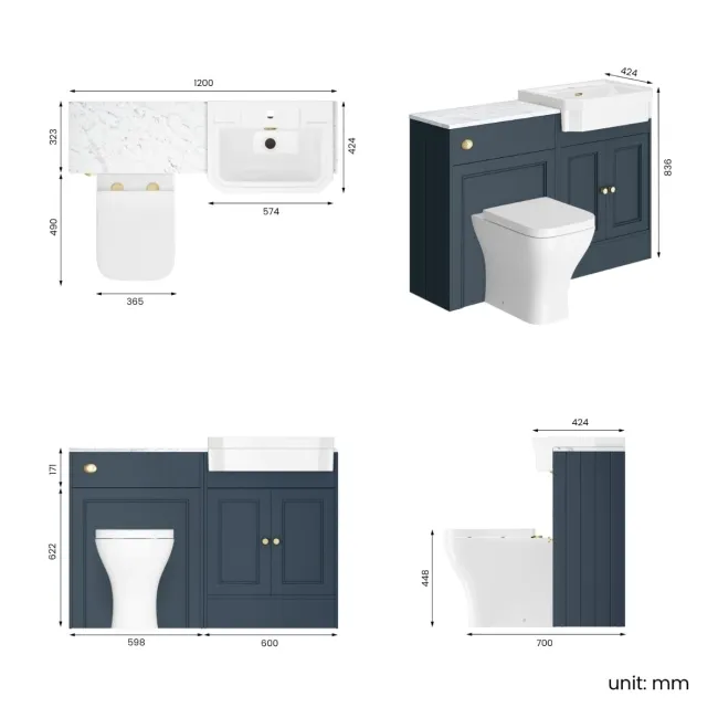 Monaco Inky Blue Combination Vanity Traditional Basin with Marble Top & Atlanta Toilet 1200mm - Brushed Brass Accents