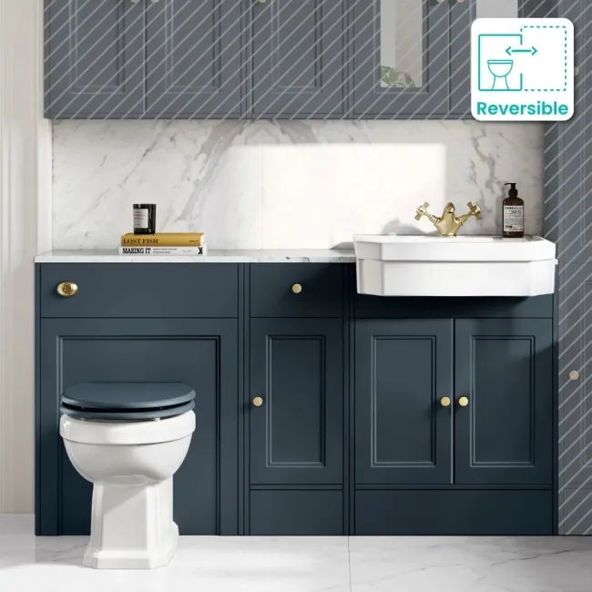Monaco Inky Blue Combination Vanity Traditional Basin with Marble Top & Hudson Toilet with Wooden Seat 1500mm - Brushed Brass Accents