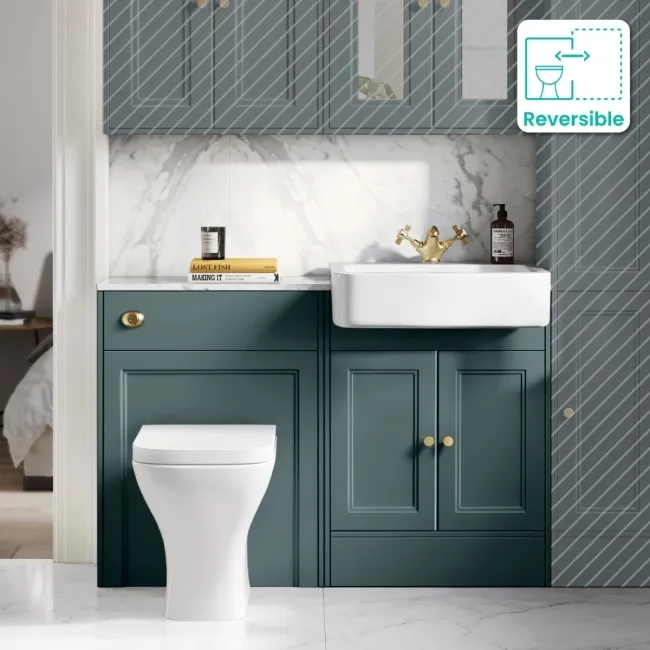 Monaco Midnight Green Combination Vanity Basin with Marble Top & Atlanta Toilet 1200mm - Brushed Brass Accents
