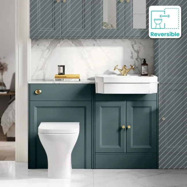 Monaco Midnight Green Combination Vanity Traditional Basin with Marble Top & Atlanta Toilet 1200mm - Brushed Brass Accents