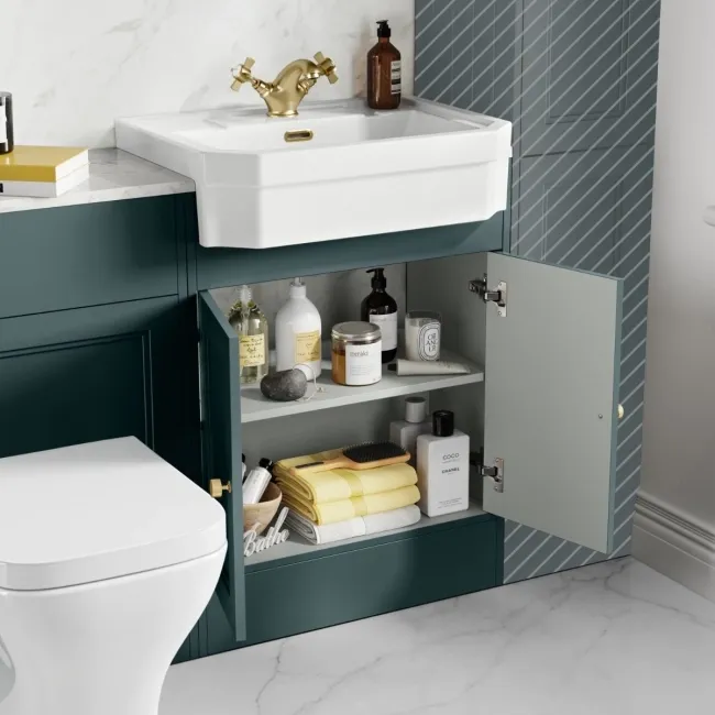 Monaco Midnight Green Combination Vanity Traditional Basin with Marble Top & Atlanta Toilet 1200mm - Brushed Brass Accents