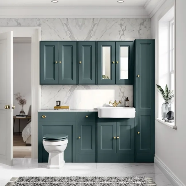 Monaco Midnight Green Combination Vanity Basin with Marble Top and Hudson Toilet with Wooden Seat 1500mm - Brushed Brass Accents