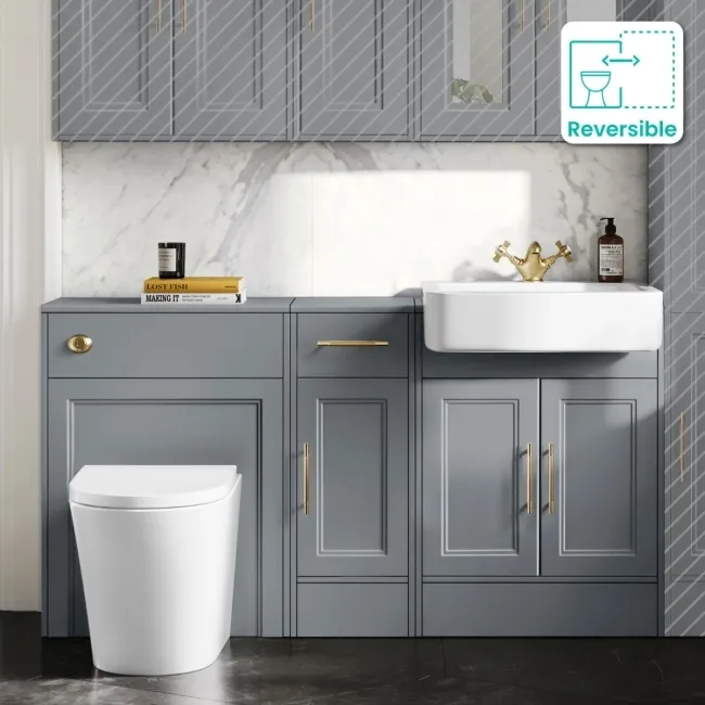 Monaco Dove Grey Combination Vanity Basin and Boston Toilet 1500mm - Brass Knurled Handles