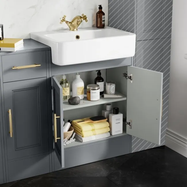 Monaco Dove Grey Combination Vanity Basin and Boston Toilet 1500mm - Brass Knurled Handles