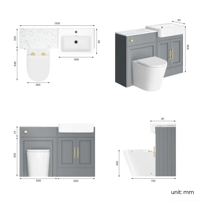 Monaco Dove Grey Combination Vanity Basin with Marble Top & Boston Toilet 1200mm - Brass Knurled Handles