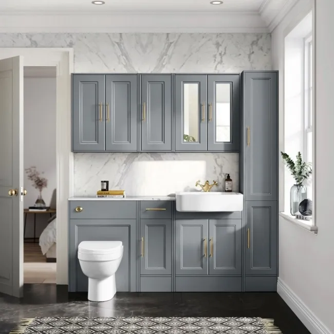 Monaco Dove Grey Combination Vanity Basin with Marble Top and Seattle Toilet 1500mm - Brass Knurled Handles