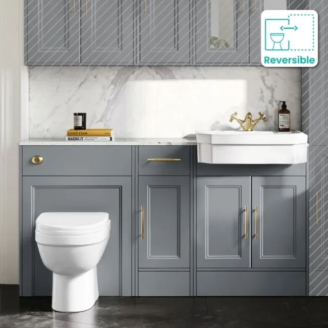 Monaco Dove Grey Combination Vanity Traditional Basin with Marble Top and Seattle Toilet 1500mm - Brass Knurled Handles