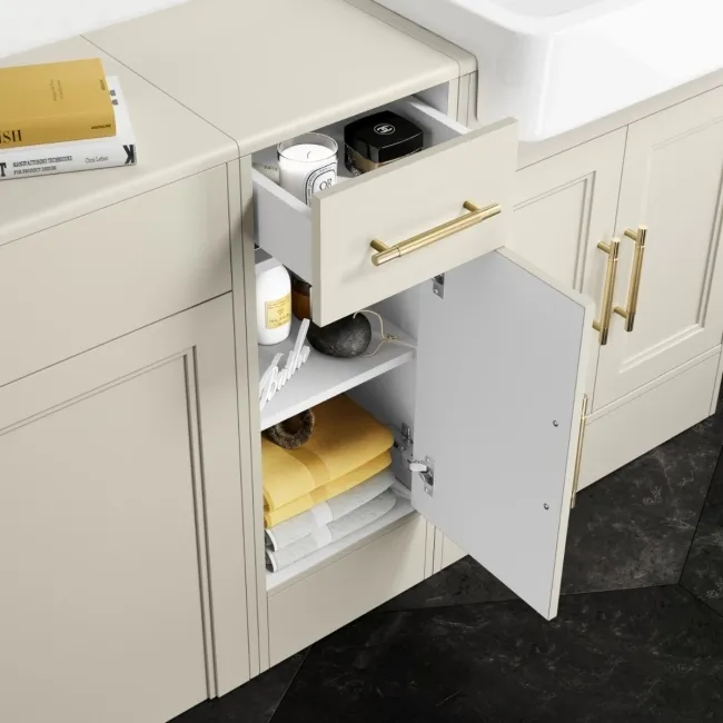 Monaco Chalk White Combination Vanity Basin and Hudson Toilet with Wooden Seat 1500mm - Brass Knurled Handles