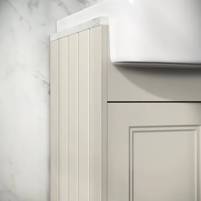 Monaco Chalk White Combination Vanity Basin with Marble Top & Hudson Toilet with Wooden Seat 1200mm - Brass Knurled Handles