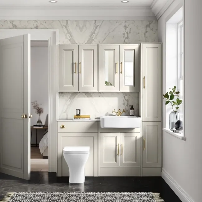 Monaco Chalk White Combination Vanity Basin with Marble Top & Atlanta Toilet 1200mm - Brass Knurled Handles