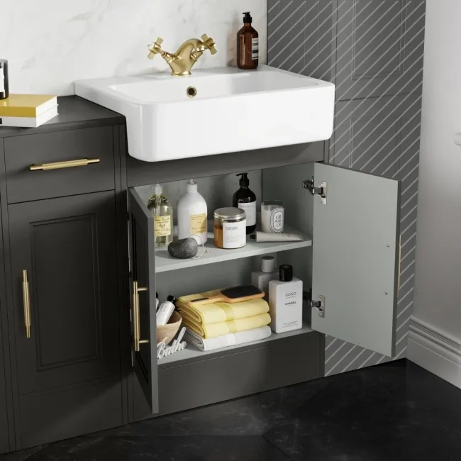 Monaco Graphite Grey Combination Vanity Basin and Hudson Toilet with Wooden Seat 1500mm - Brass Knurled Handles