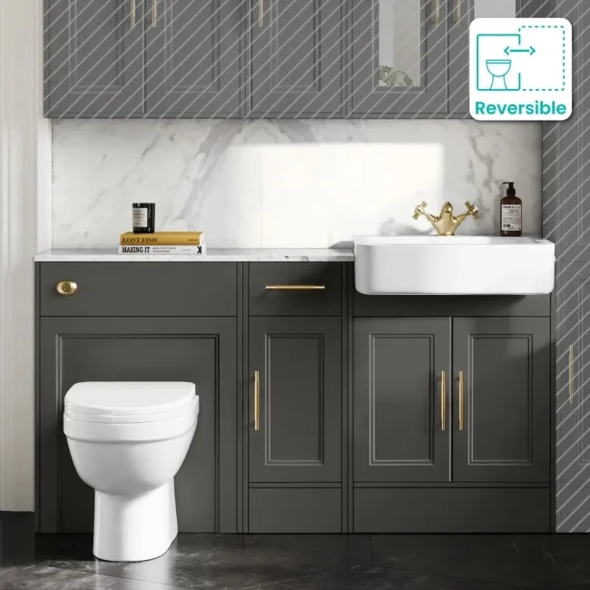 Monaco Graphite Grey Combination Vanity Basin with Marble Top and Seattle Toilet 1500mm - Brass Knurled Handles