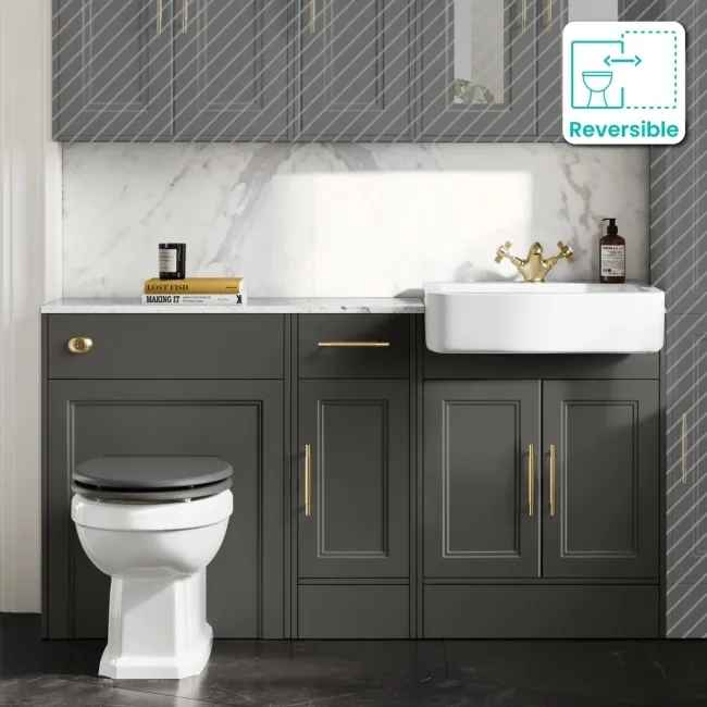 Monaco Graphite Grey Combination Vanity Basin with Marble Top and Hudson Toilet with Wooden Seat 1500mm - Brass Knurled Handles