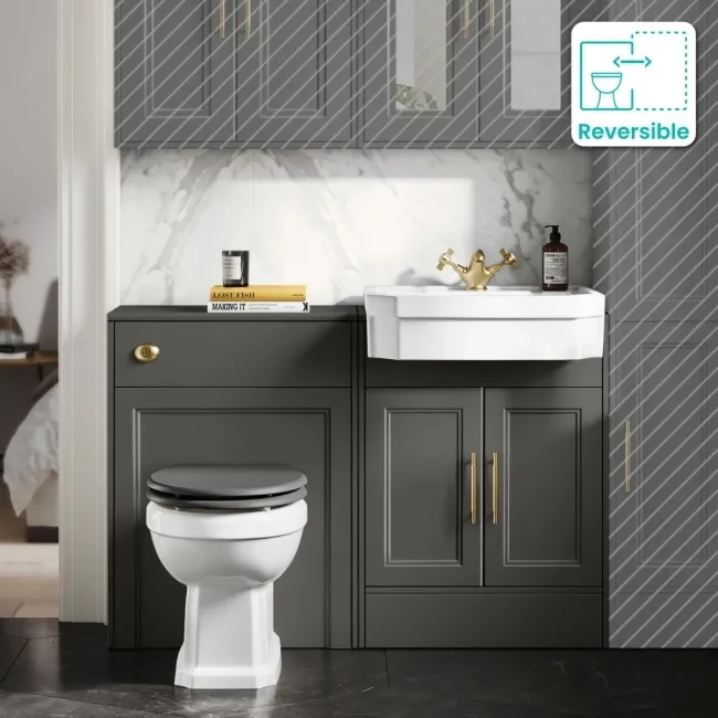 Monaco Graphite Grey Combination Vanity Traditional Basin and Hudson Toilet with Wooden Seat 1200mm - Brass Knurled Handles