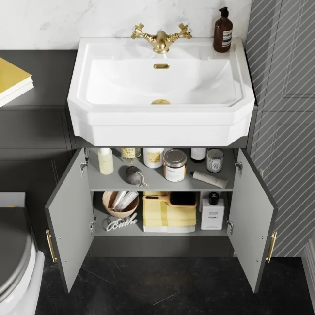 Monaco Graphite Grey Combination Vanity Traditional Basin and Hudson Toilet with Wooden Seat 1200mm - Brass Knurled Handles