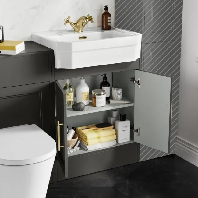 Monaco Graphite Grey Combination Vanity Traditional Basin and Boston Toilet 1200mm - Brass Knurled Handles