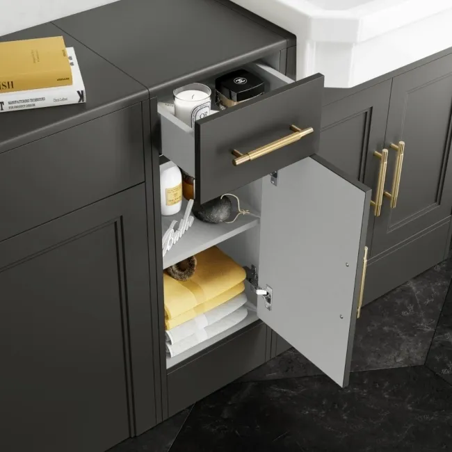 Monaco Graphite Grey Combination Vanity Traditional Basin and Hudson Toilet with Wooden Seat 1500mm - Brass Knurled Handles