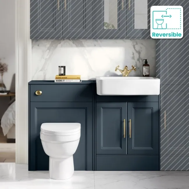 Monaco Inky Blue Combination Vanity Basin and Seattle Toilet 1200mm - Brass Knurled Handles