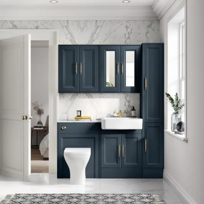 Monaco Inky Blue Combination Vanity Basin with Marble Top & Atlanta Toilet 1200mm - Brass Knurled Handles