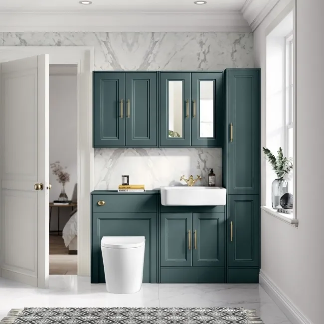 Monaco Midnight Green Combination Vanity Basin and Boston Toilet 1200mm - Brass Knurled Handles