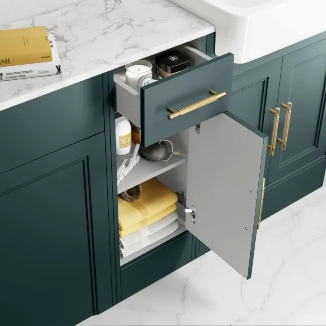 Monaco Midnight Green Combination Vanity Basin with Marble Top and Hudson Toilet with Wooden Seat 1500mm - Brass Knurled Handles