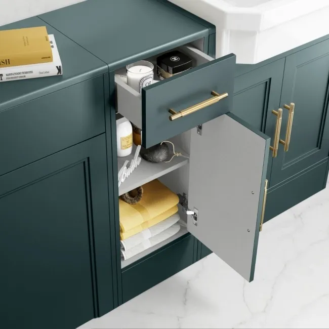 Monaco Midnight Green Combination Vanity Traditional Basin and Hudson Toilet with Wooden Seat 1500mm - Brass Knurled Handles
