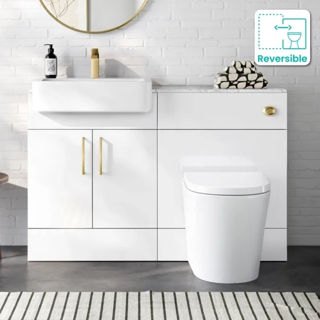 Harper Gloss White Combination Vanity Basin with Marble Top & Boston Toilet 1200mm - Brushed Brass Accents