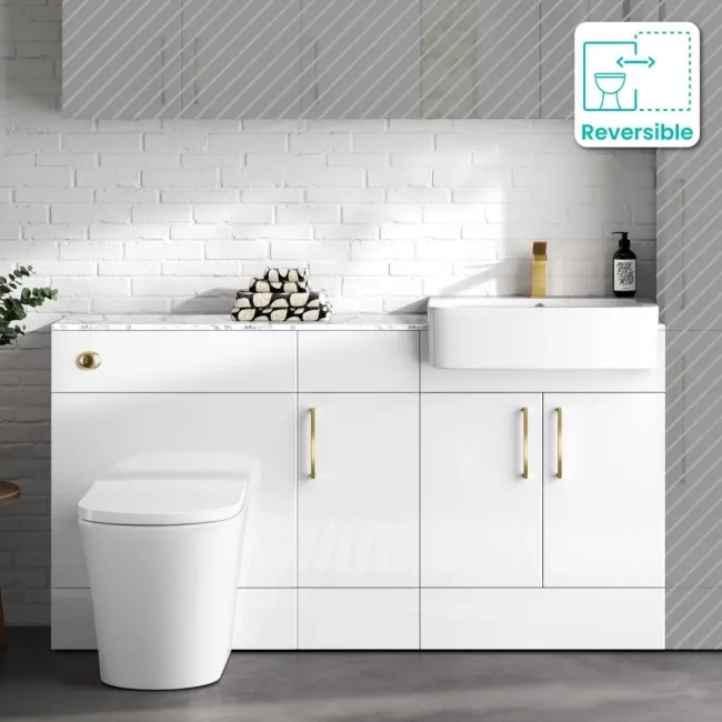 Harper Gloss White Combination Vanity Basin with Marble Top & Tucson Toilet 1500mm - Brushed Brass Accents