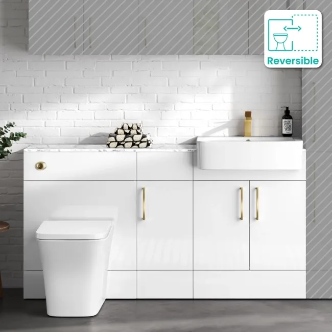 Harper Gloss White Combination Vanity Basin with Marble Top & Houston Toilet 1500mm - Brushed Brass Accents