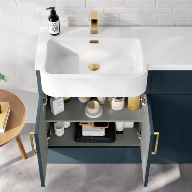 Harper Navy Blue Combination Vanity Basin and Boston Toilet 1200mm - Brushed Brass Accents - Left Handed