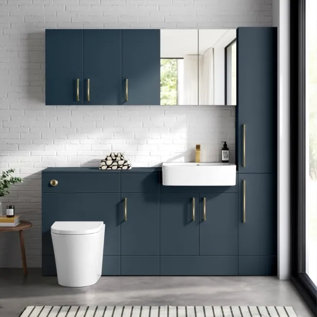 Harper Navy Blue Combination Vanity Basin and Boston Toilet 1500mm - Brushed Brass Accents