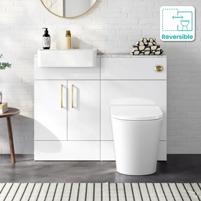 Harper Gloss White Combination Vanity Basin with Marble Top & Tucson Toilet 1000mm - Brushed Brass Accents