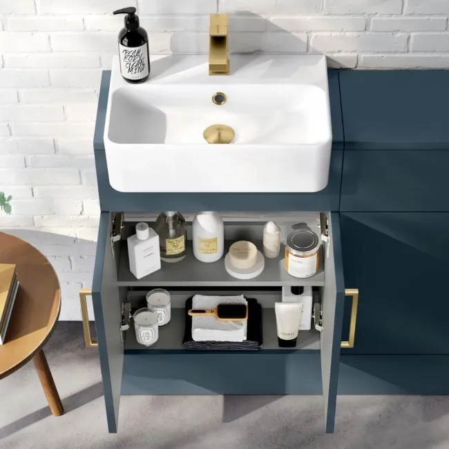 Harper Navy Blue Combination Vanity Basin & Houston Toilet 1000mm - Brushed Brass Accents