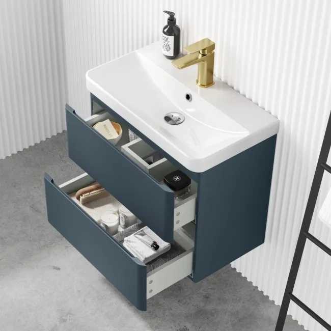 Corsica Inky Blue Wall Hung Slimline Basin Drawer Vanity 600mm
