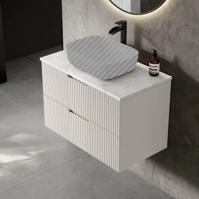 Crete Fluted Linen White Wall Hung Drawer Vanity with Marble Top 800mm - Excludes Counter Top Basin