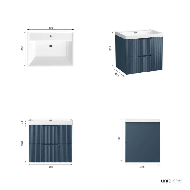 Crete Fluted Navy Blue Wall Hung Basin Drawer Vanity 600mm